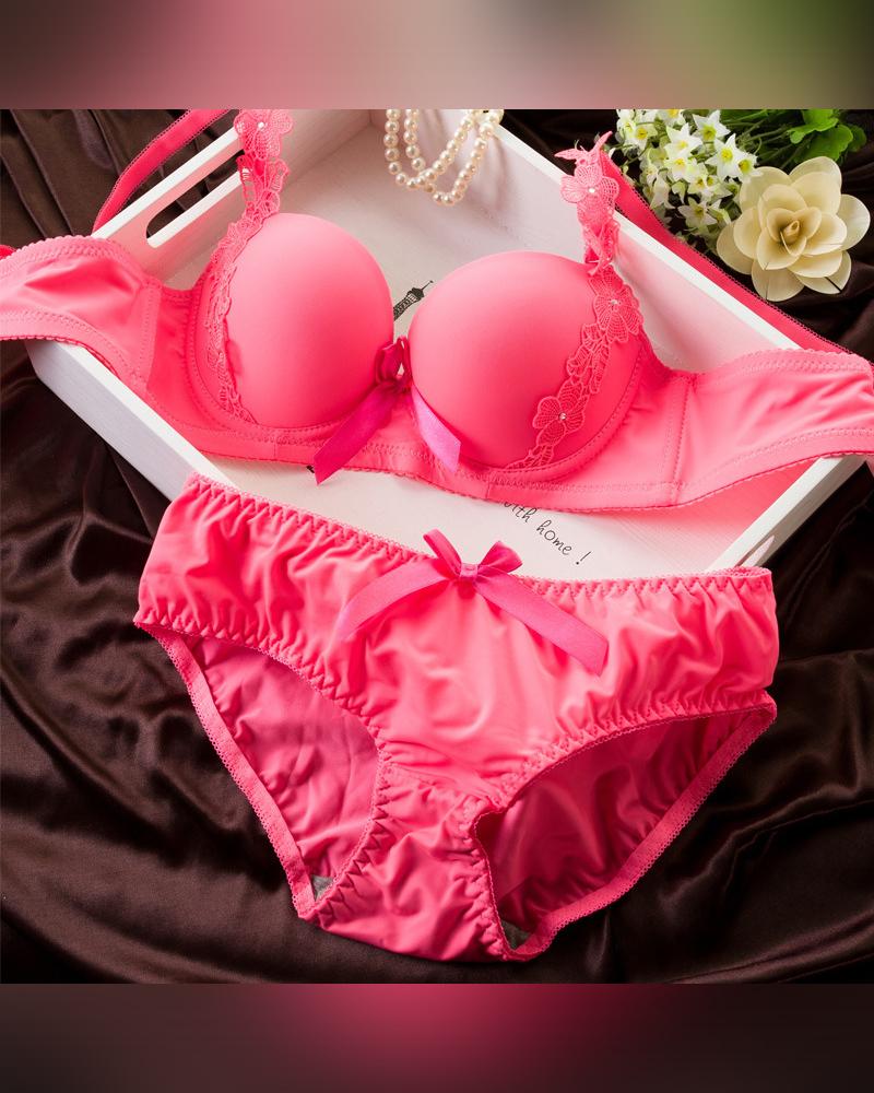 

Solid Lace Strap Bra With Panties Bra Sets, Red