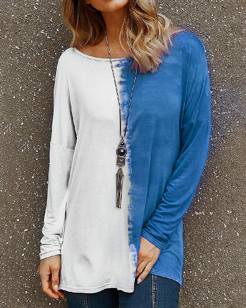 

Colorblock Backless Long Sleeve Casual T-Shirt, Blue