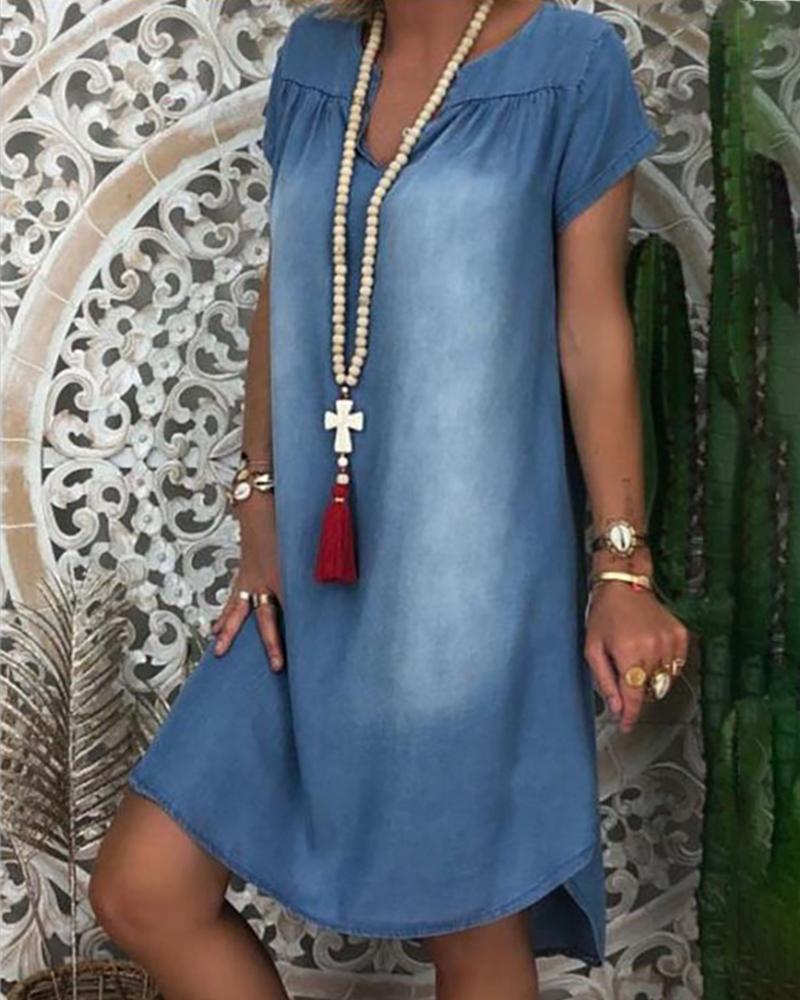 

Denim V Cut Short Sleeve Ruched Casual Dress, Blue