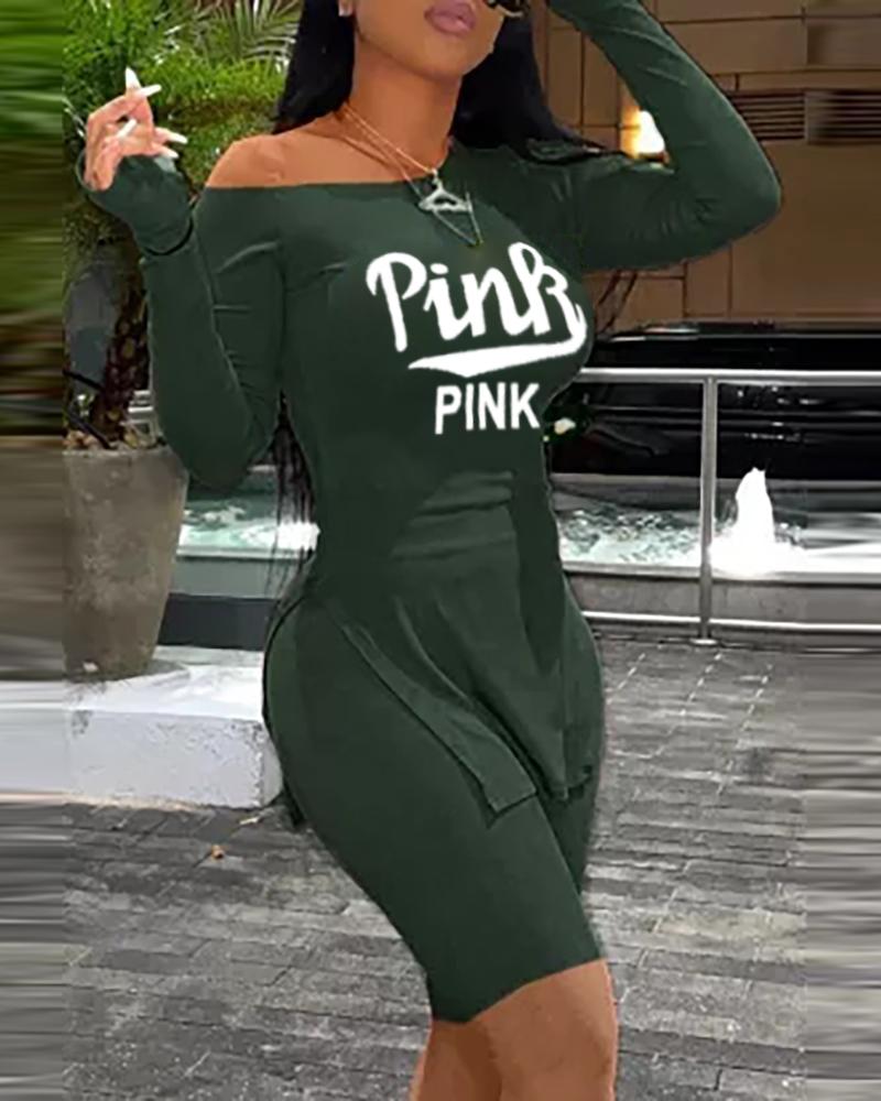 

Letter Print Slit One Shoulder Long Sleeve Top & Shorts Set, Green