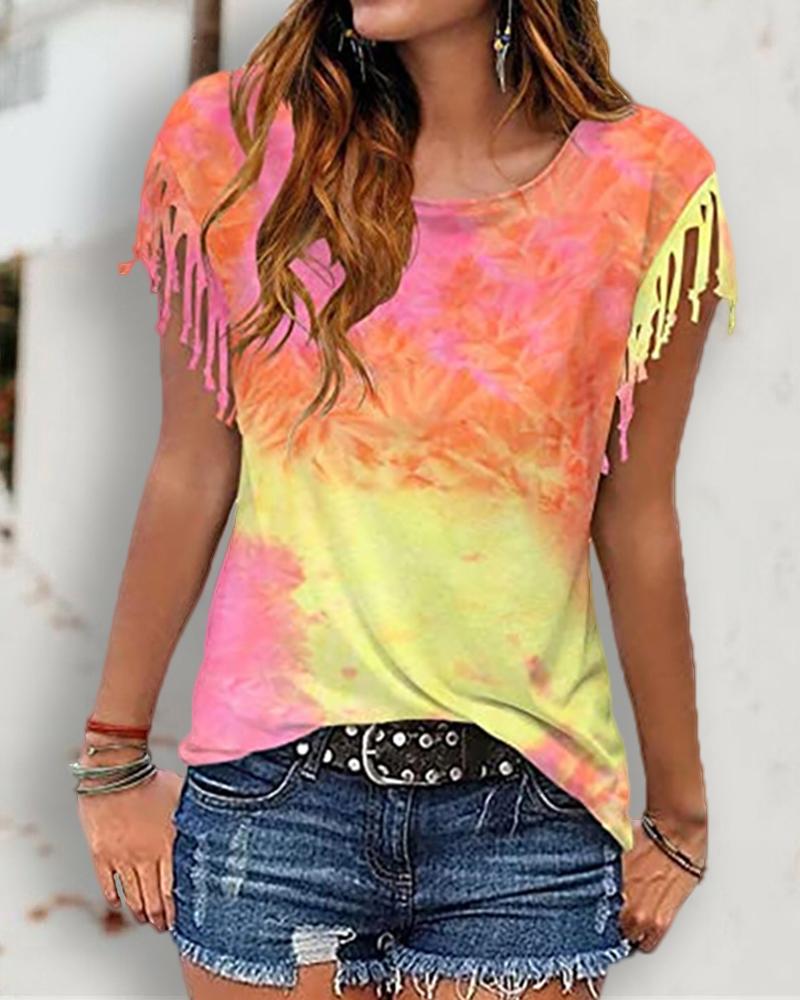 

Tie Dye Print Tassel Casual T-shirt, Orange