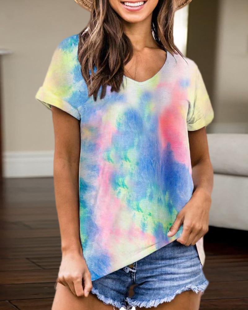 

V-neck Tie Dye Print T-shirt, Multicolor