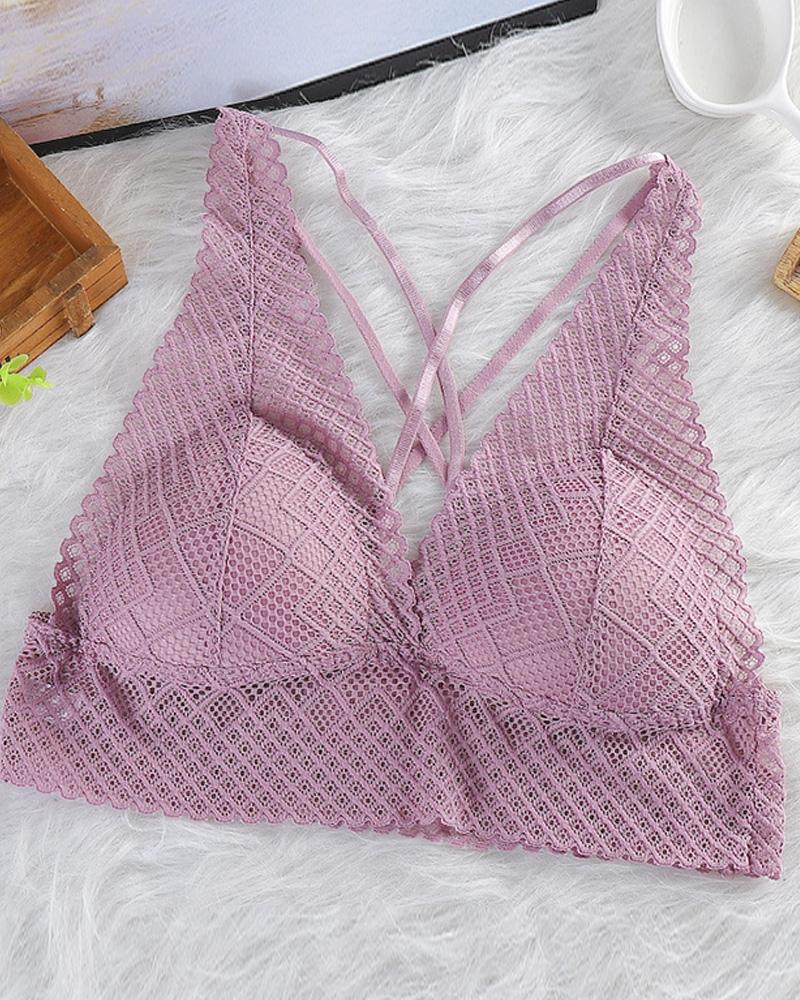 

Lace Bralette Hollow Out Lace Bra Crop Top Wireless Underwear Deep V Push Up Bra, Light pink