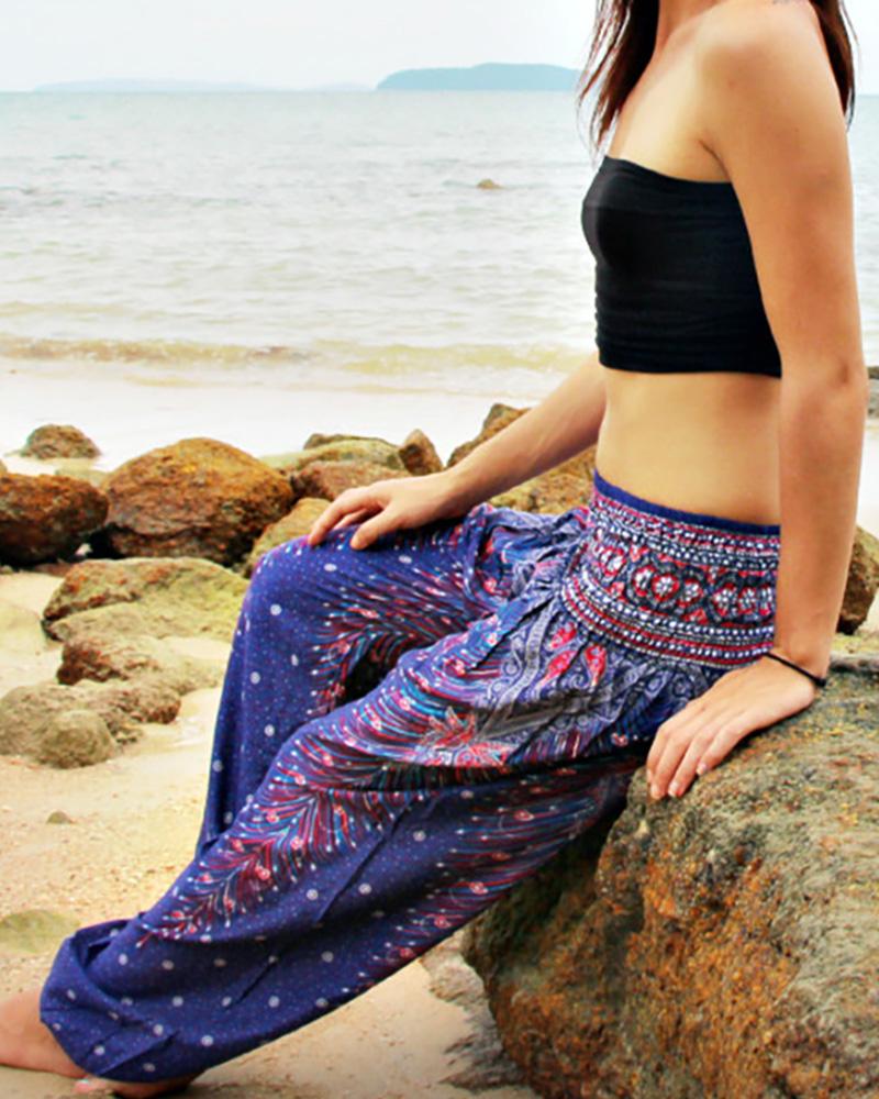 

Print Wide Leg High Waist Yoga Pants, Dark blue