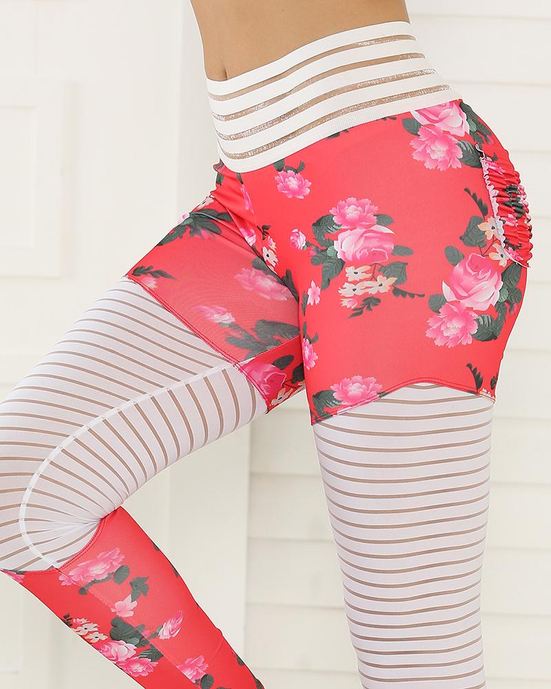 

Tropical Print High Waist Butt Lifting Booty Yoga Pants, Red