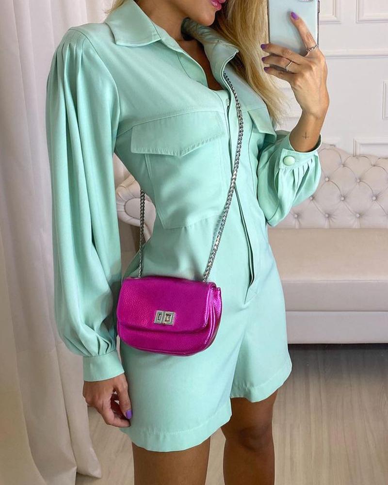 

Pocket Design Long Sleeve Romper, Green