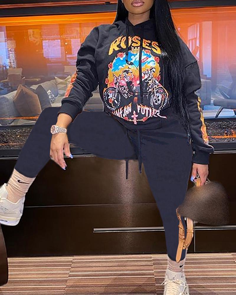

Long Sleeve Graphic Print Hooded Sweatshirt & Drawstring Pants Set, Black