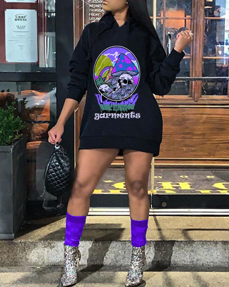 

Graphic Print Long Sleeve Hooded Sweatshirt Dress, Purple