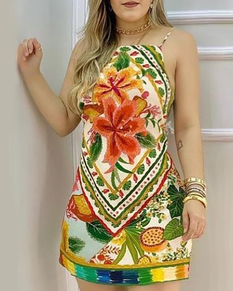 

Tropical Print Spaghetti Strap Dress, Green