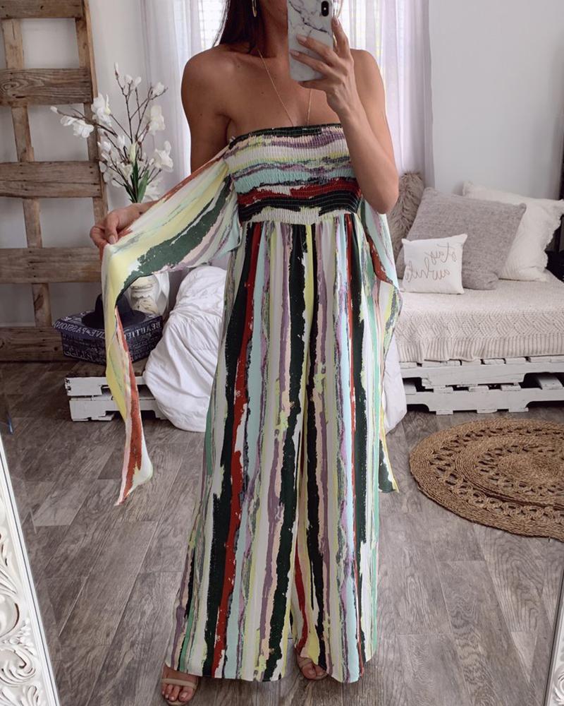 

Knot Front Striped Shirring Wide Leg Jumpsuit, Multicolor