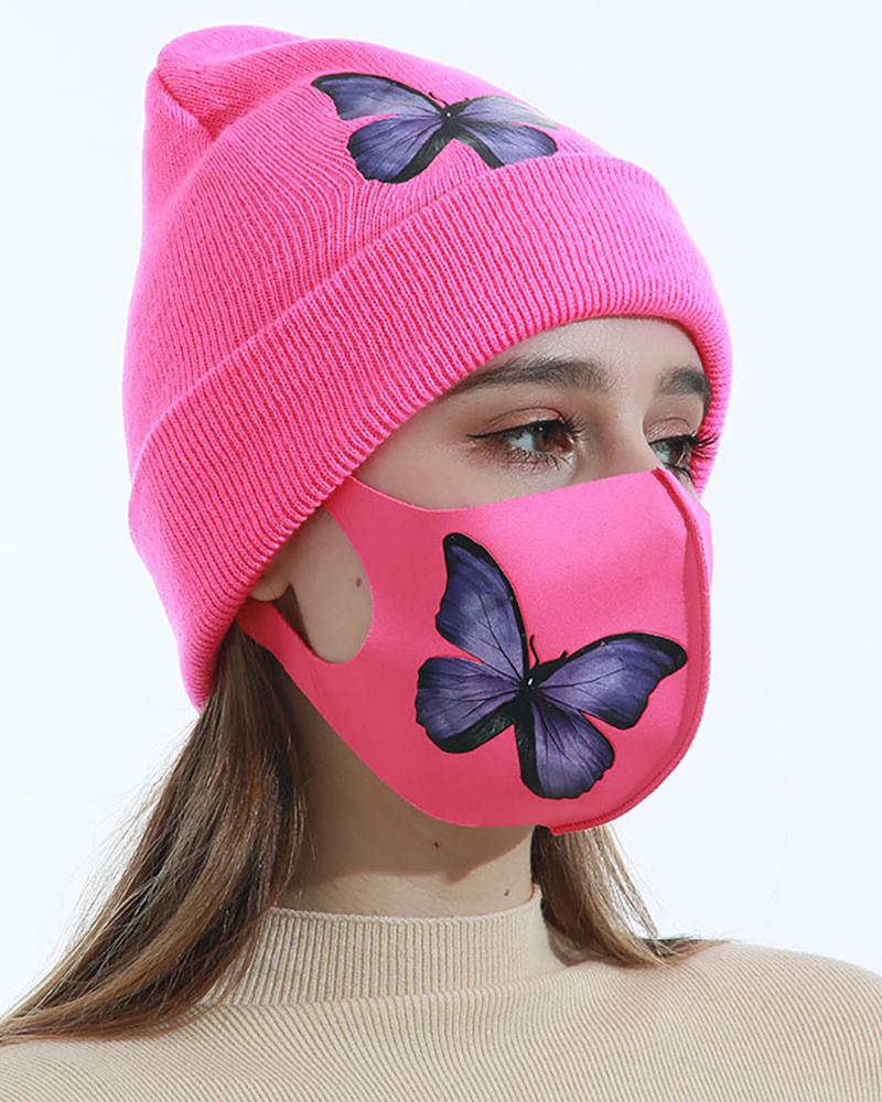 

Star / Letter / Floral / Butterfly Pattern Studded Beanie With Face Mask, Pink