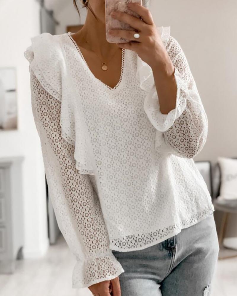 

Ruffles Hem Long Sleeve Lace Trim Blouse, White