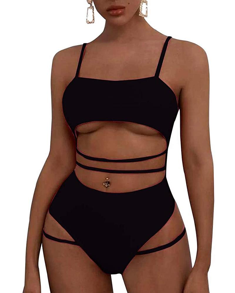 

Push up Strappy High Waisted Cutout One Piece Swimsuit, Black