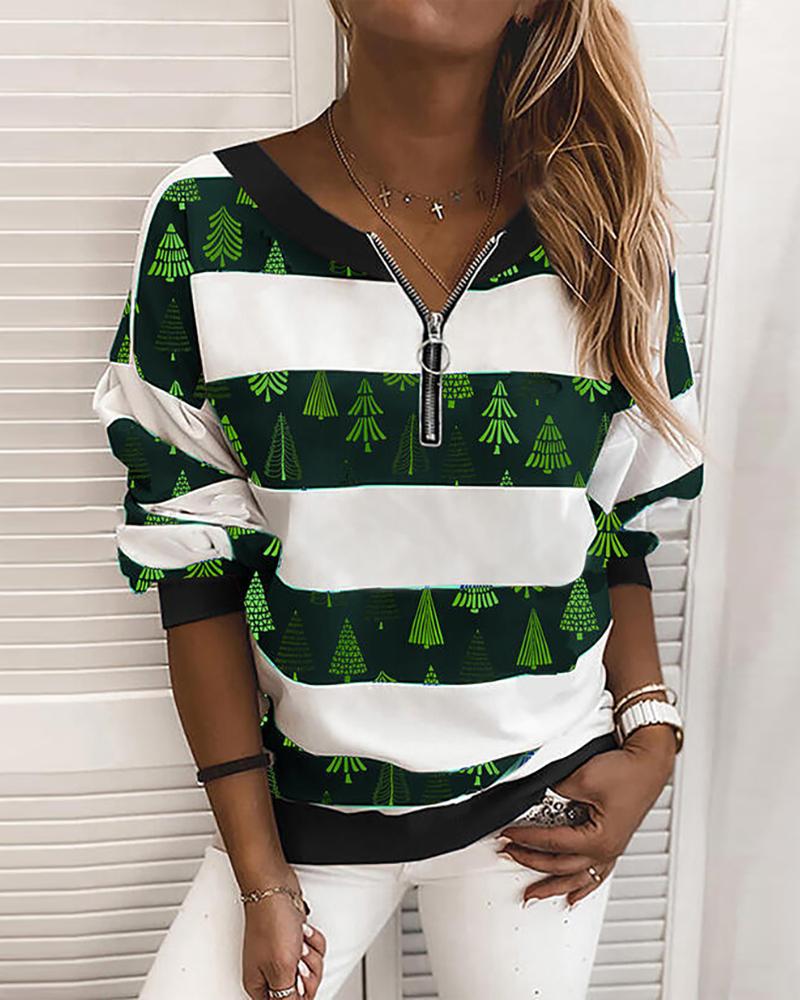 

Christmas Mixed Print Zipper Design Sweatshirt, Green