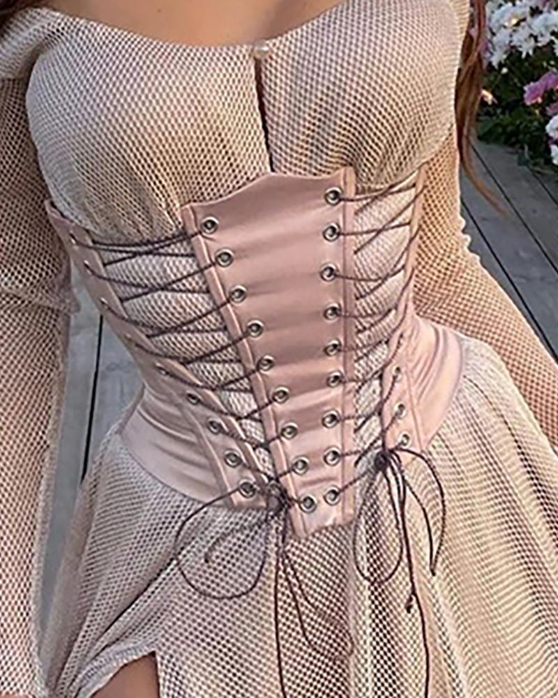 

Eyelet Lace-up Satin Corset Top, Pink