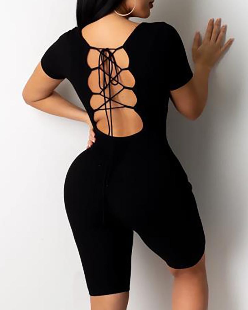 

Backless Bandage Short Sleeve Fitted Romper, Black