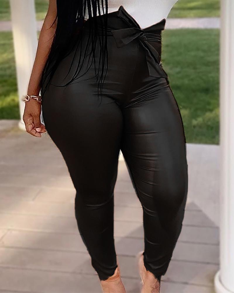 

Solid Knotted High Waist PU Leather Pants, Black