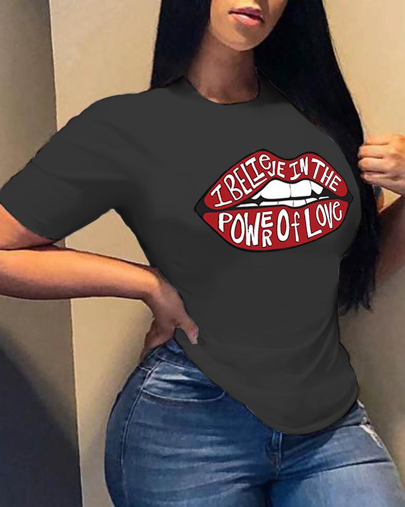 

Lip Letter Print Short Sleeve T-shirt, Black