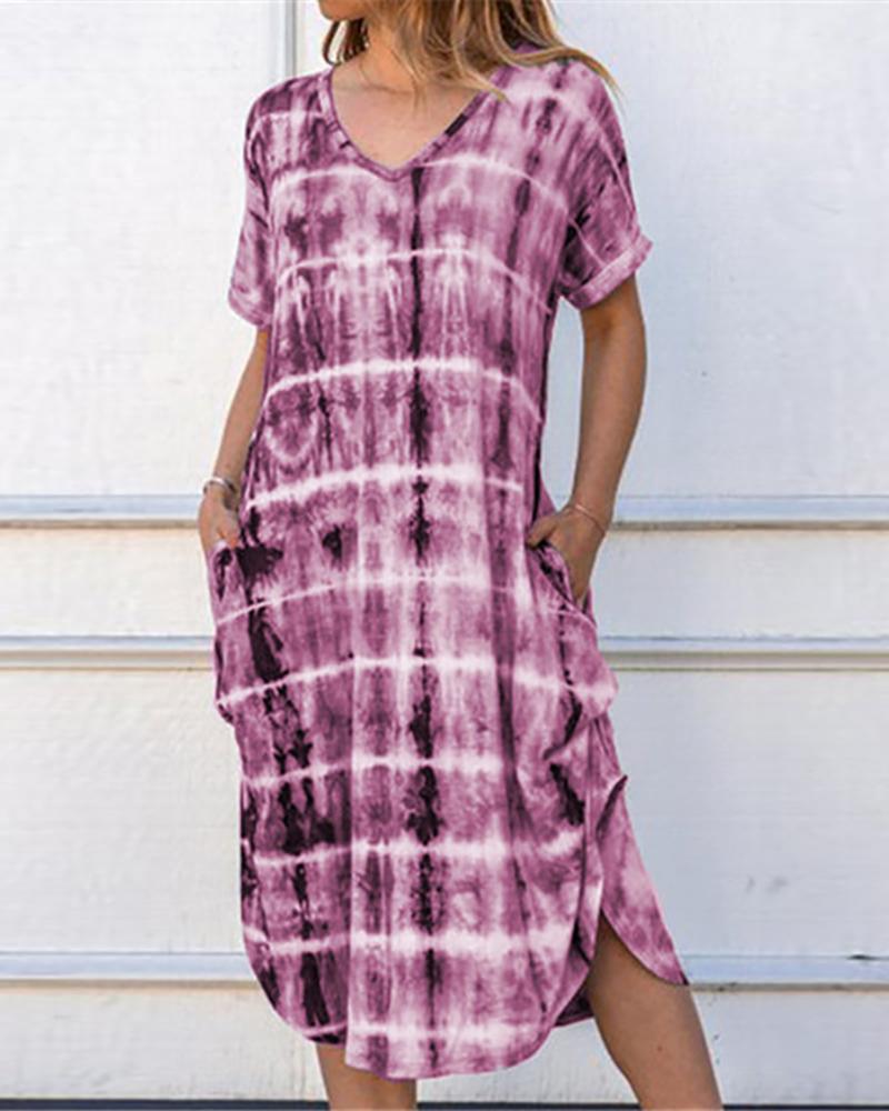 

Tie Dye Print V-neck Slit Casual Dress, Hot pink