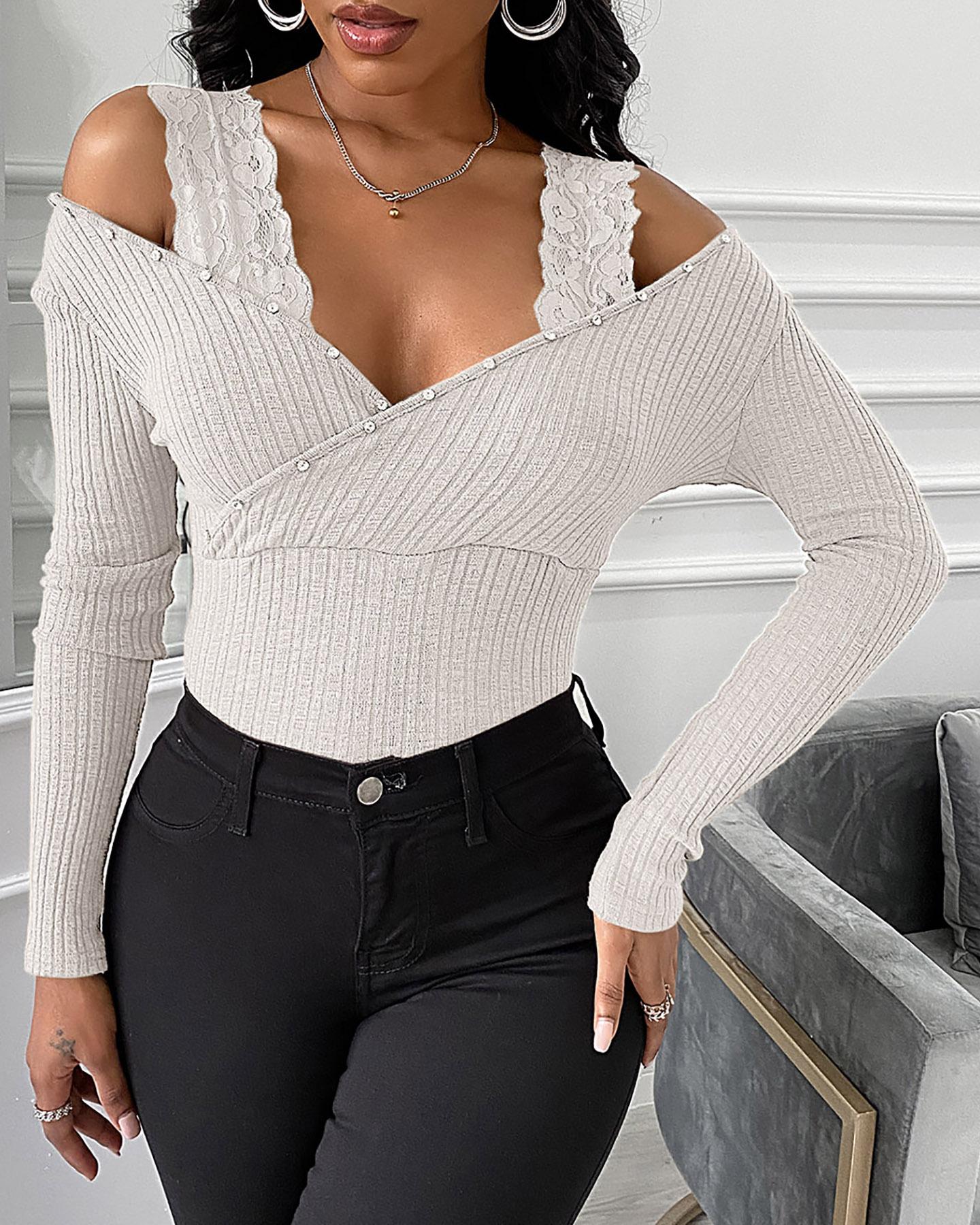 

Studded Cold Shoulder Long Sleeve Lace Women Top, White