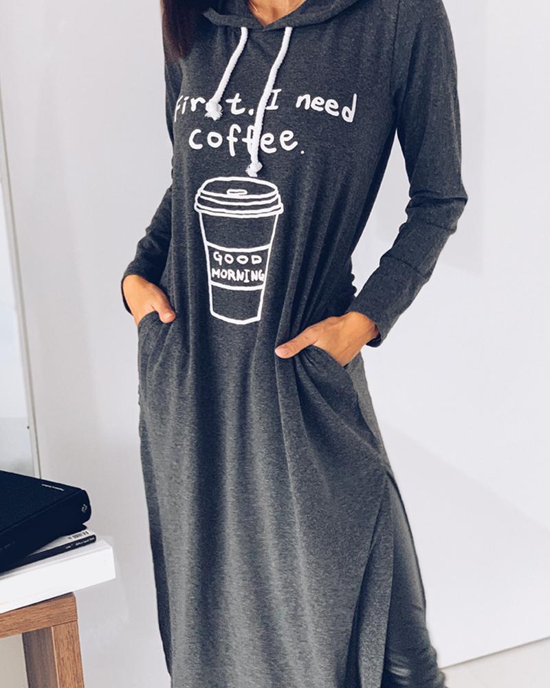 

Letter Print Pocket Design Long Sleeve Sweatshirt Dress, Dark grey