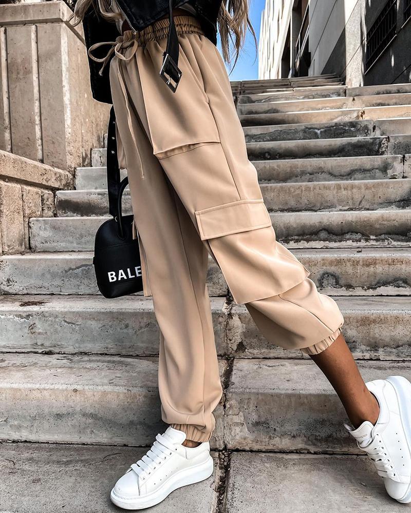

Drawstring Pocket Design Casual Pants, Apricot