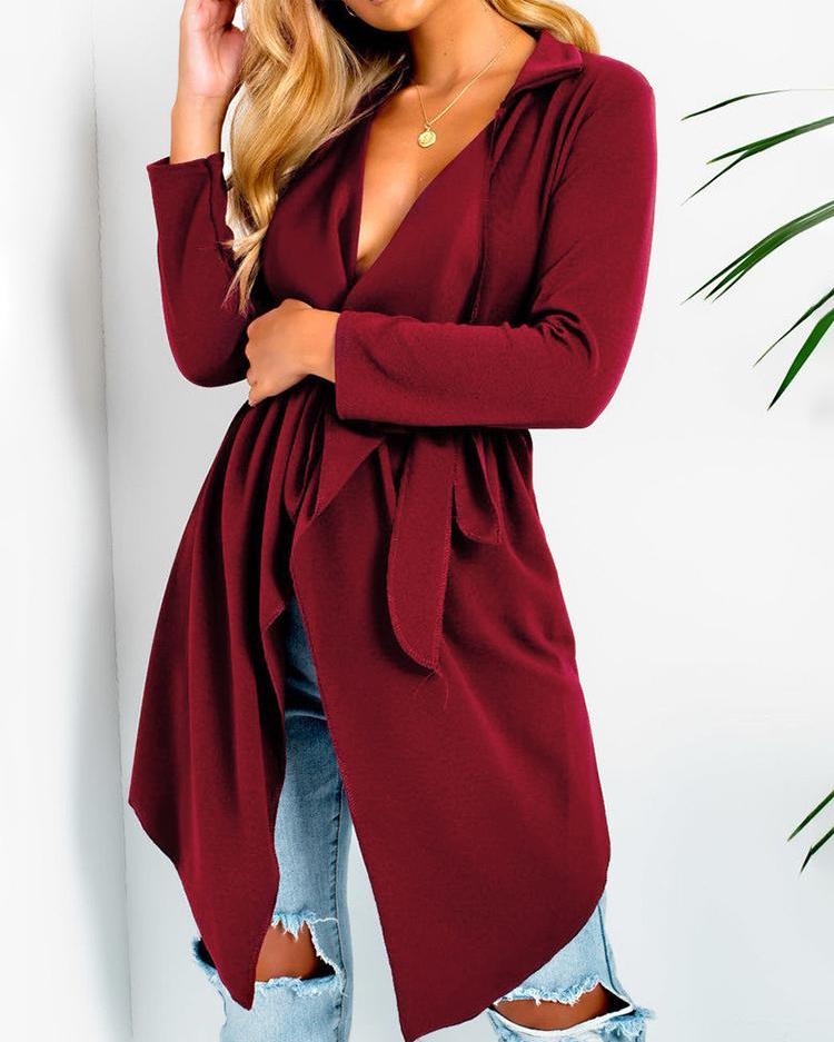 

Solid Long Sleeve Tied Waist Irregular Coat, Red