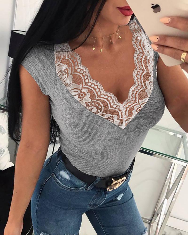 

V-Neck Lace Patchwork Neck Tops, Gray