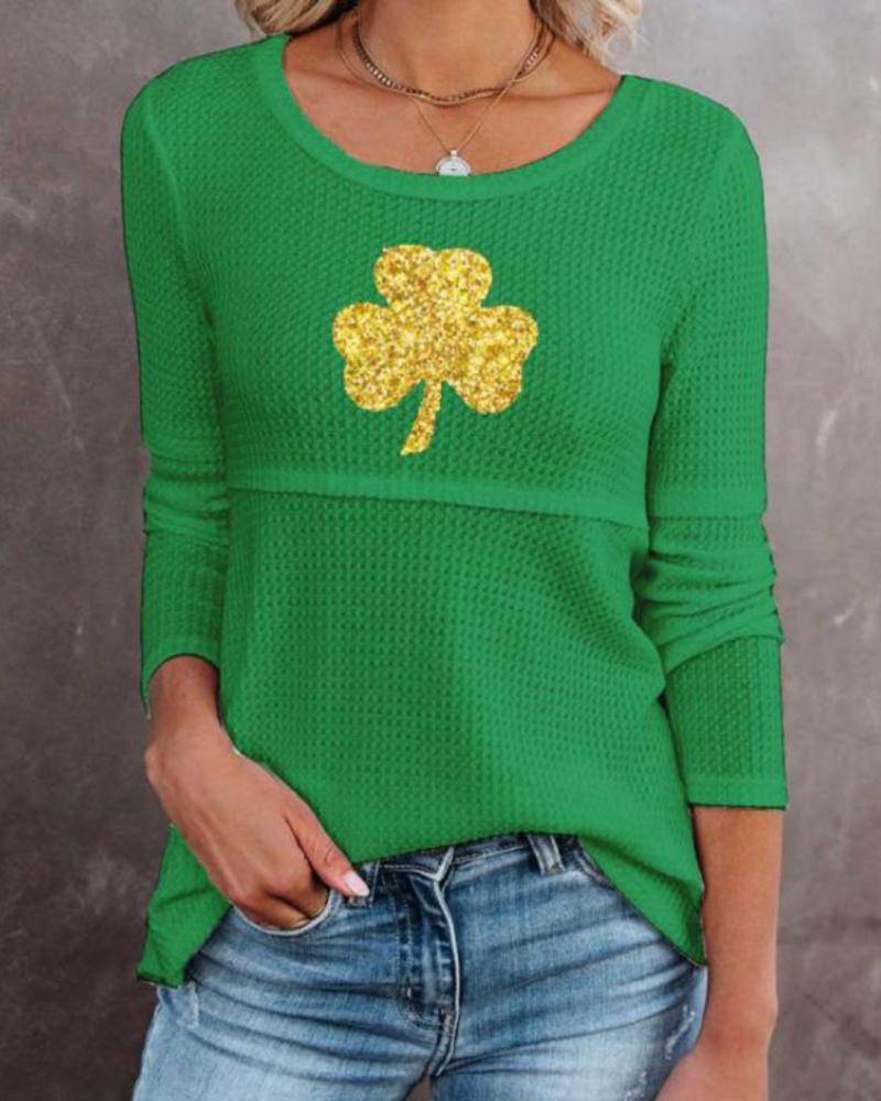 

Heart / Clover Pattern Long Sleeve Casual Top, Green