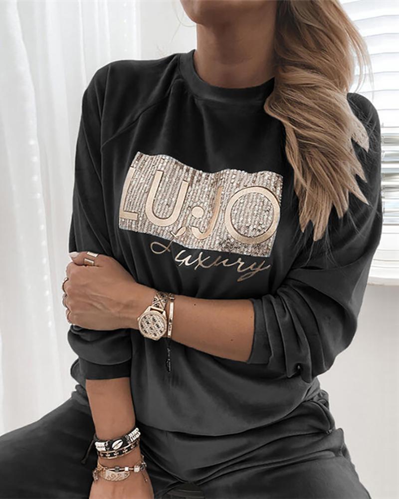 

Velvet Letter Print Round Neck Sweatshirt, Black