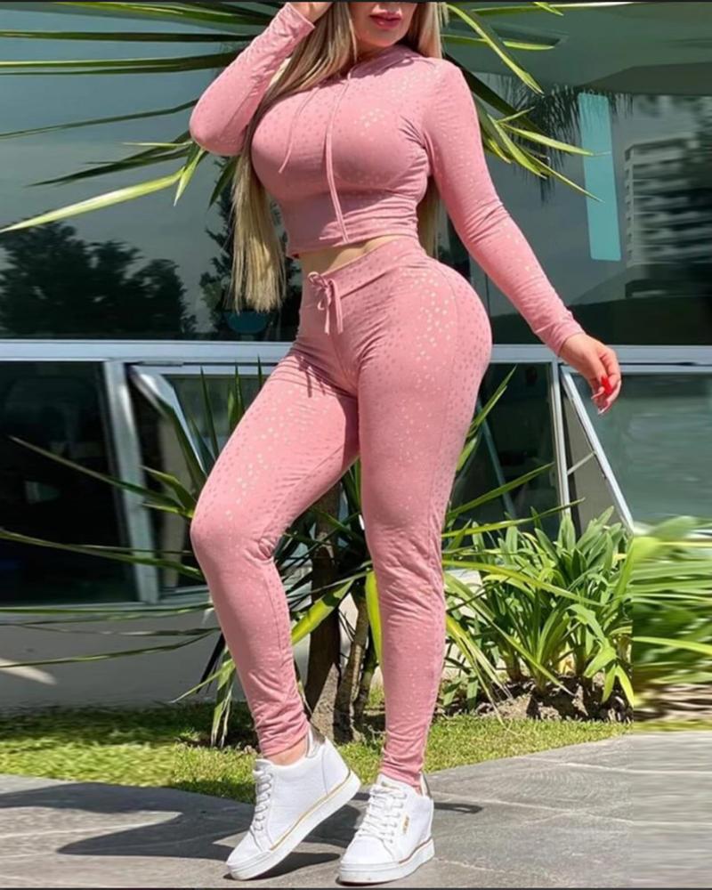 

All Over Print Hooded Crop Top & Pants Set, Pink