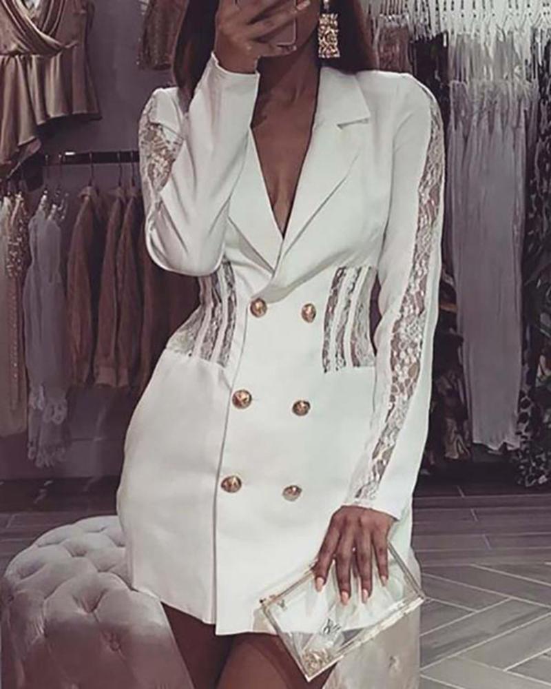

Crochet Lace Button Design Blazer Dress, White