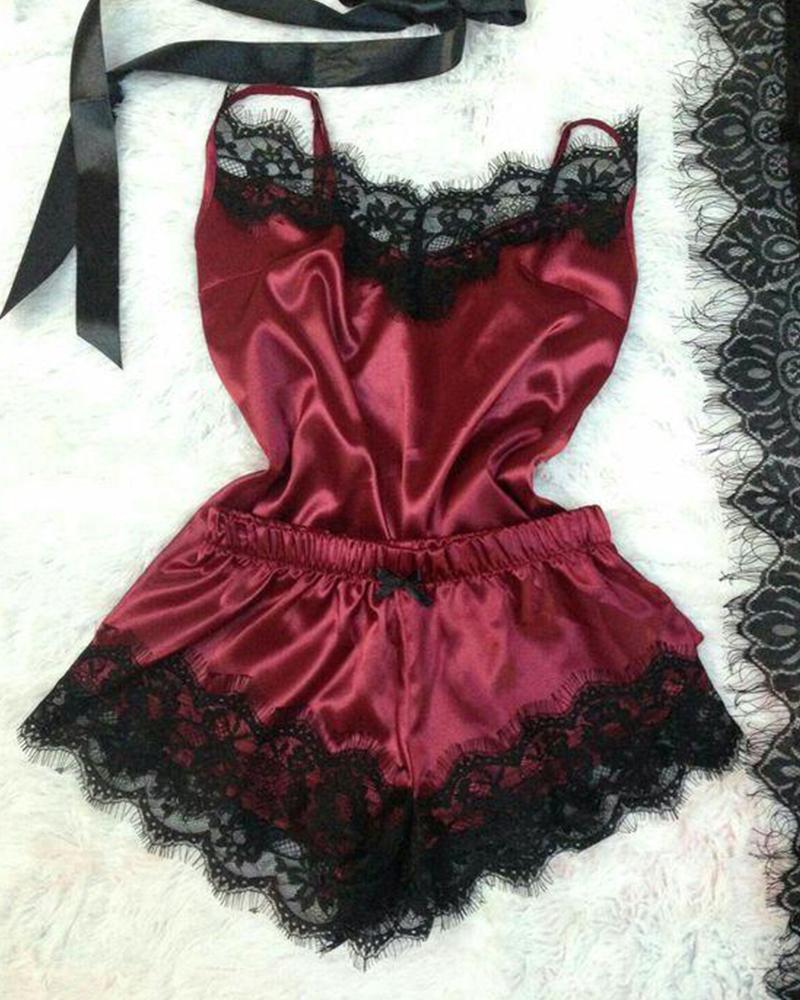 

Lace Trim Pajama Set, Wine red