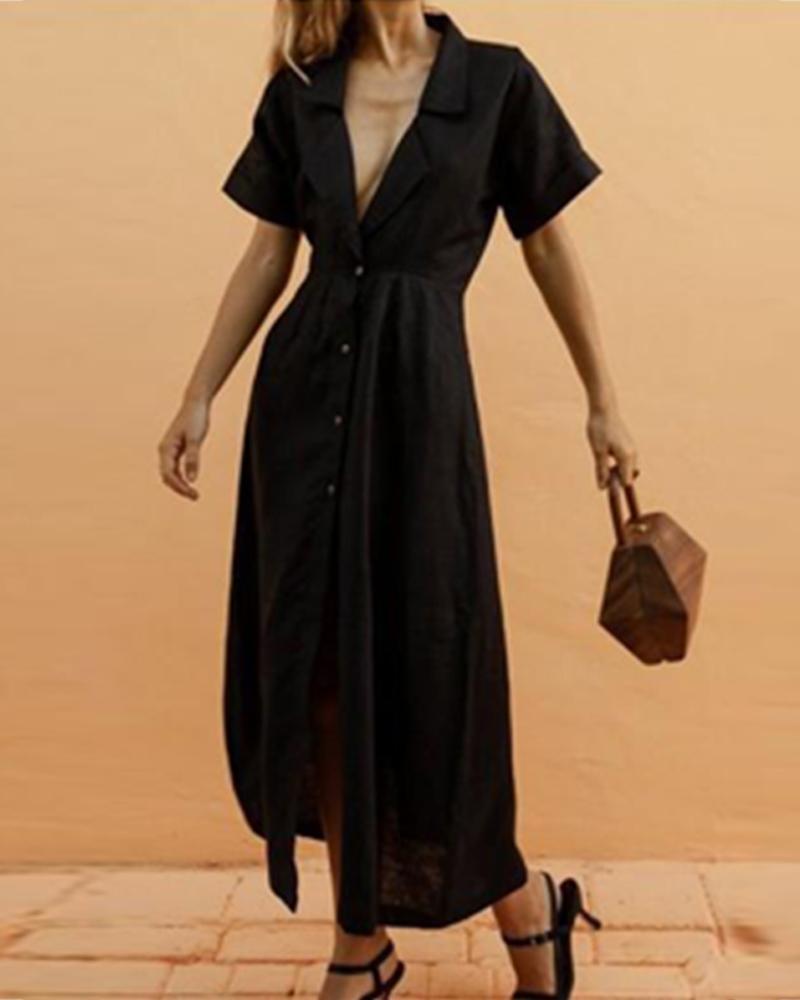 

V-Neck Solid Lapel Short Sleeve Maxi Dress, Black