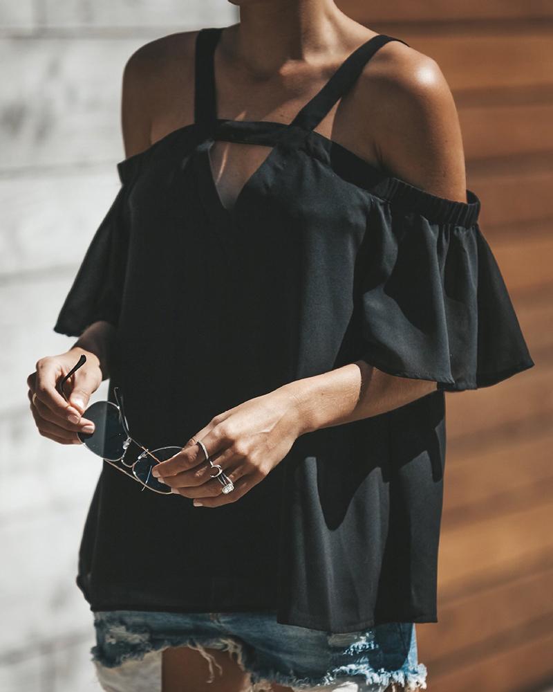 

Cold Shoulder Cutout Front Bell Sleeve T-shirt, Black