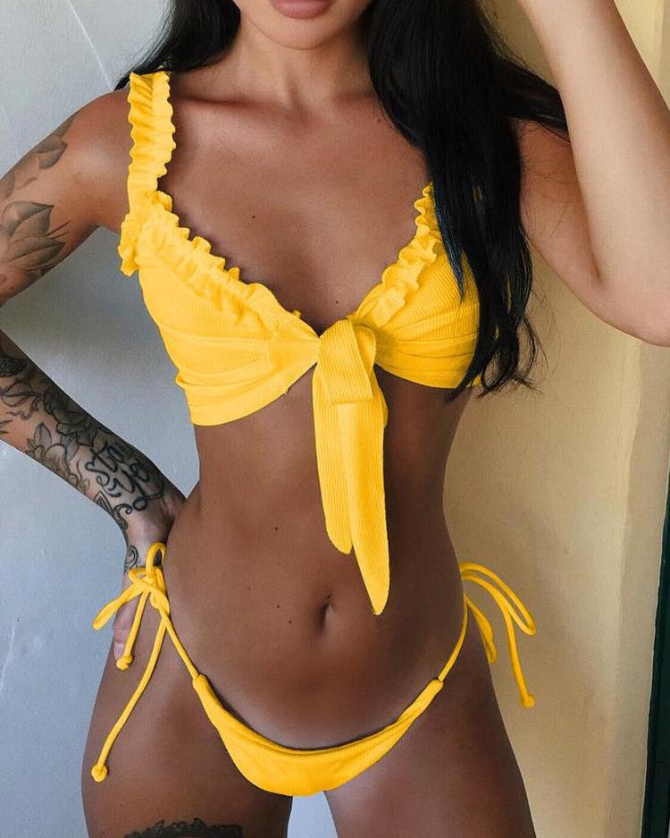 

Frill Hem Knotted Detail Bikini Sets, Yellow