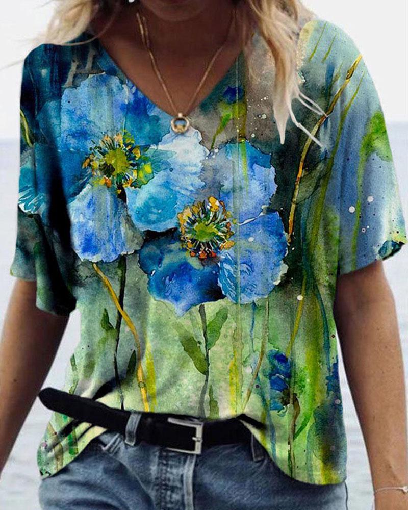 

Floral Print Short Sleeve T-shirt, Green