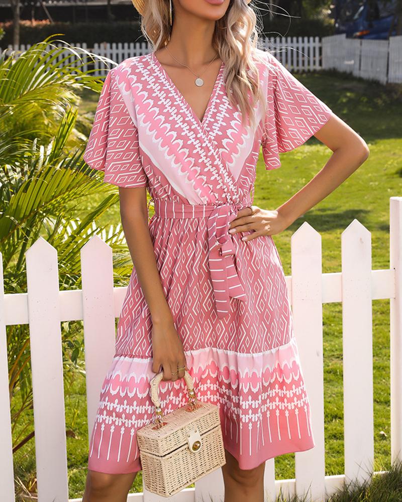 

Retro Patterns Print Short Sleeve Lace-up Midi Dress, Pink