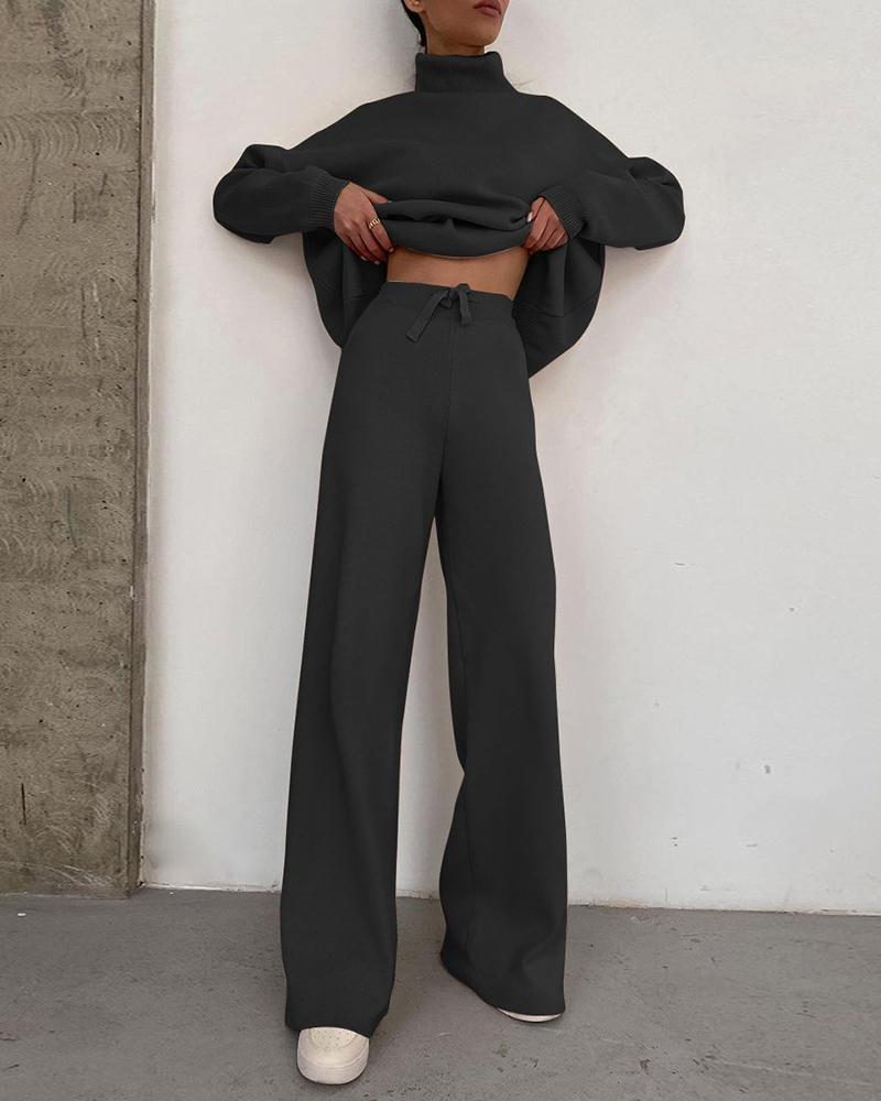 

Plain High Neck Women Top & Drawstring Wide Leg Pants Set, Black