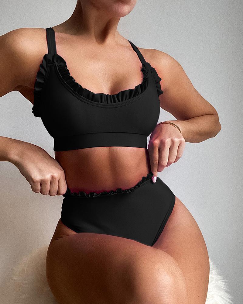 

Frill Hem Plain Bikini Set, Black