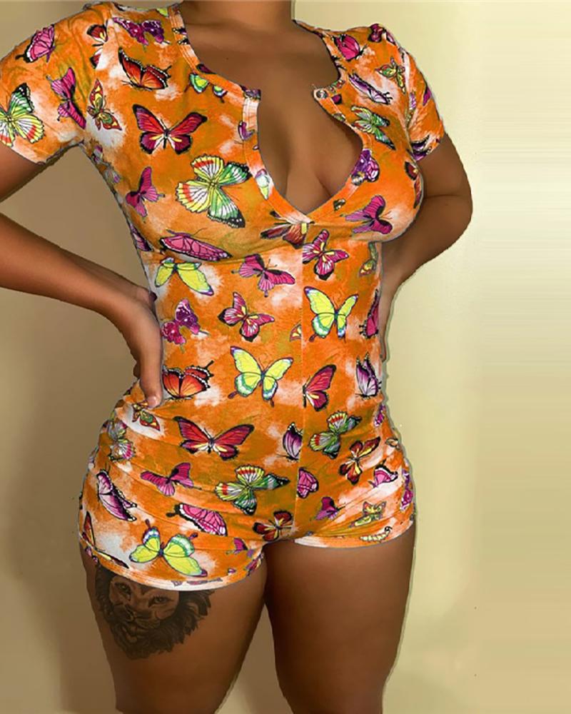 

Butterfly Print Plunge Short Sleeve Romper, Orange
