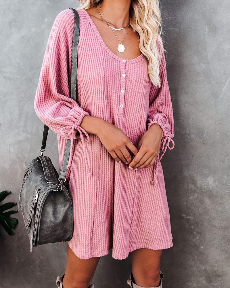 

Button Front Lantern Sleeve Casual Dress, Pink