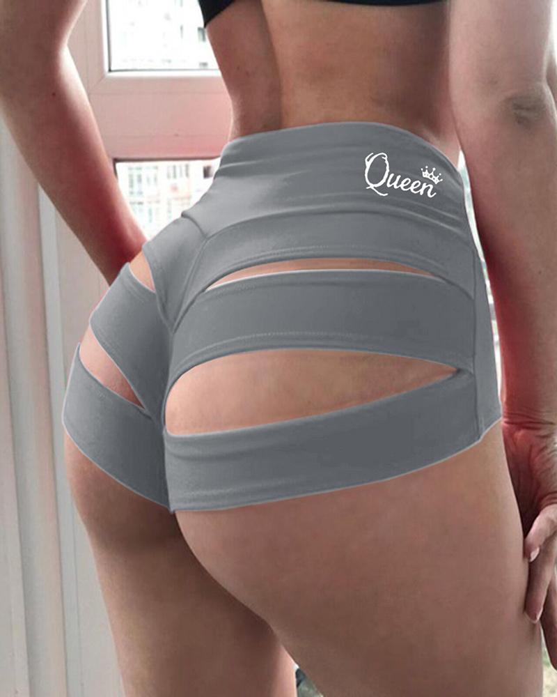 

High Waisted Letter Print Butt Lifting Cutout Yoga Shorts, Gray