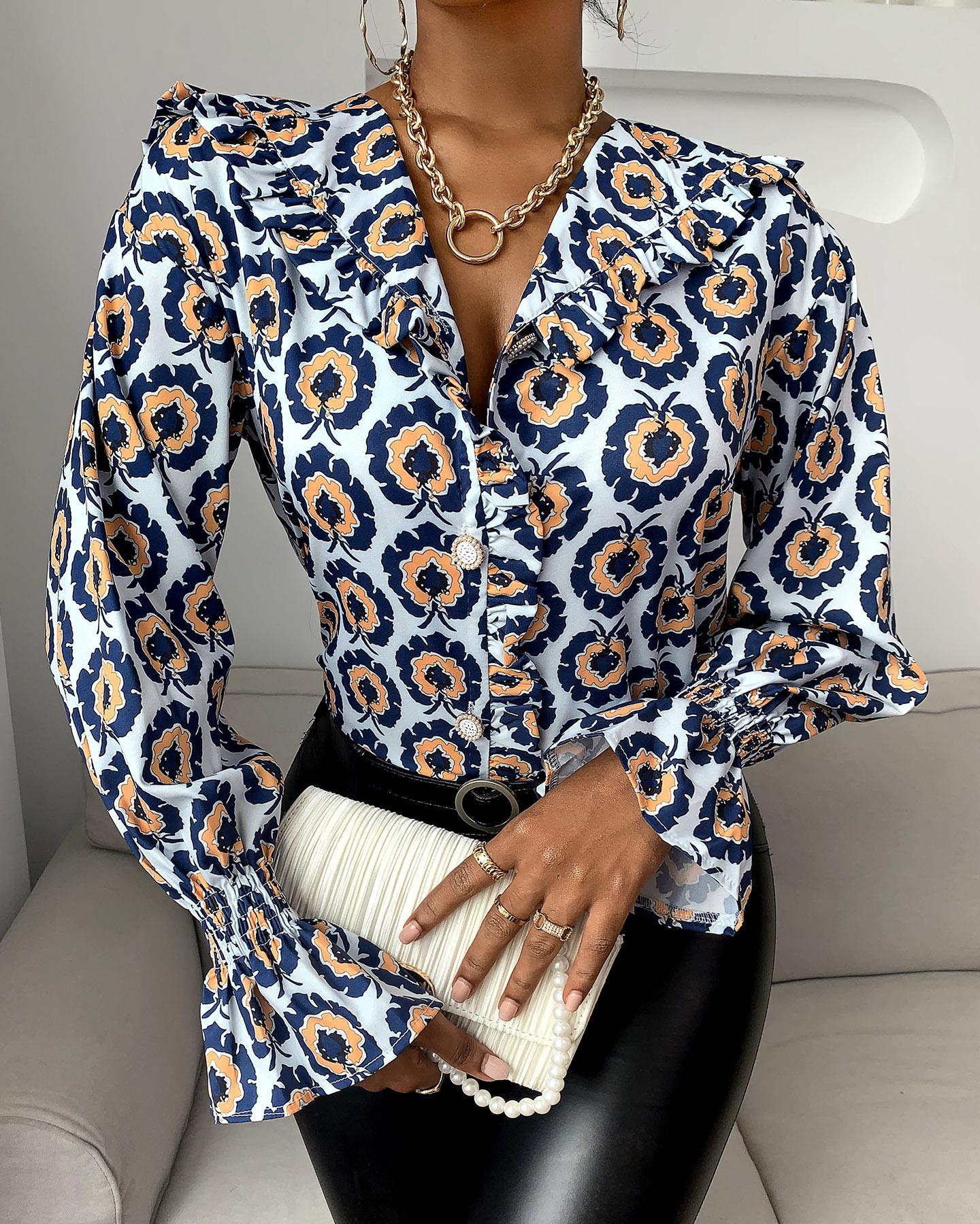 

Floral Print Ruffles Bell Sleeve Casual Top, Blue