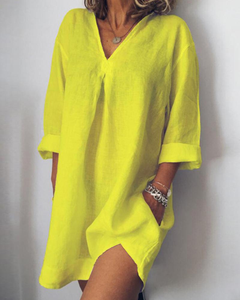 

Solid Three Quarter Sleeve Loose Mini Dress, Yellow