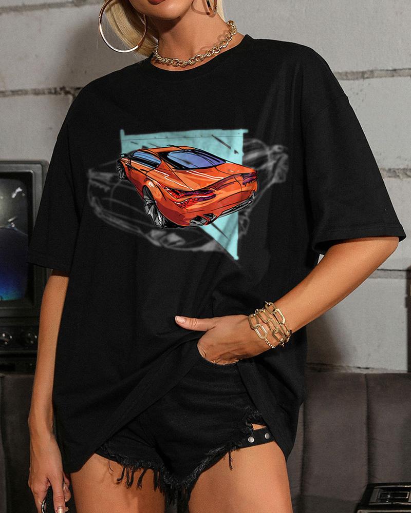 

Car Cartoon Print Short Sleeve Loose T-shirts, Black