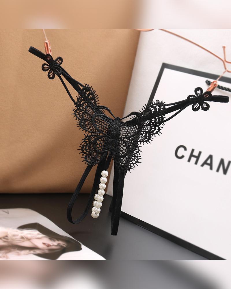 

Solid Lace Patchwork Skinny T-string Panties, Black