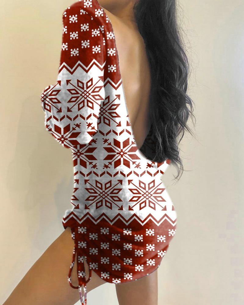 

Christmas Mixed Print Drawstring Open Back Dress, Red