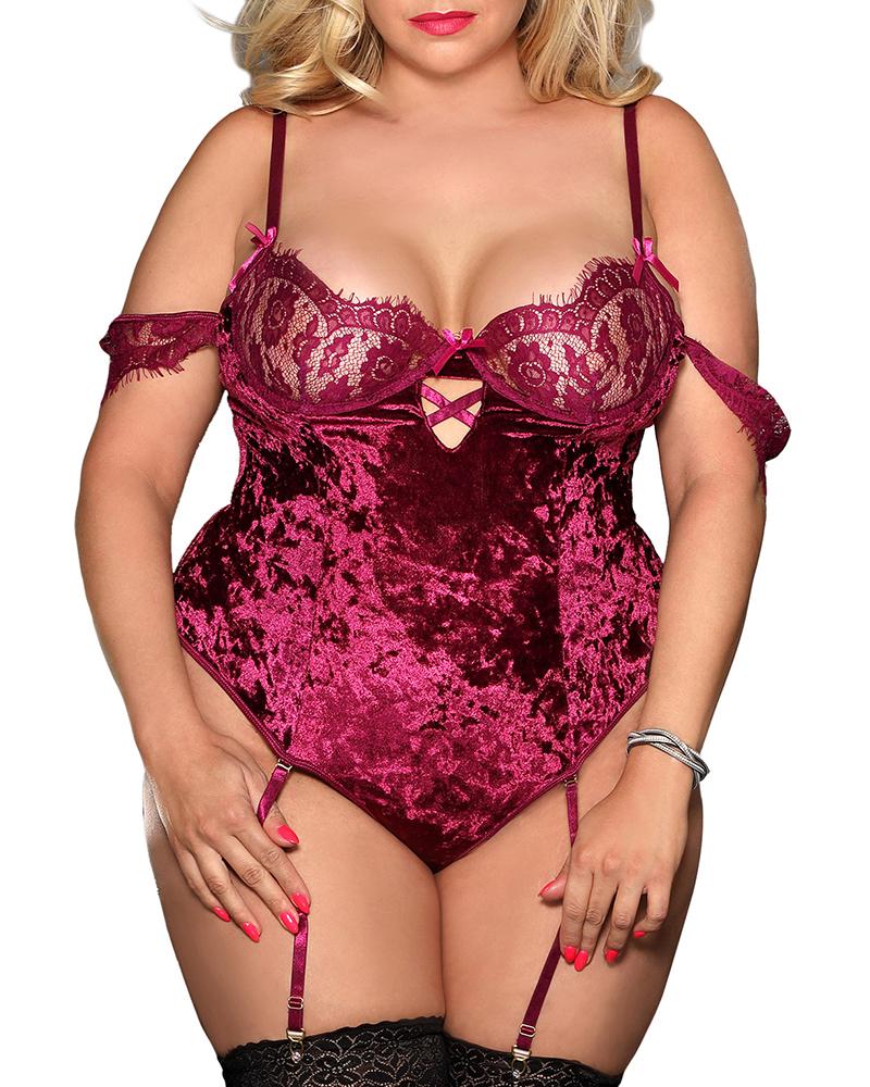 

Plus Size Plain Eyelash Lace Teddy Without Socks, Purple