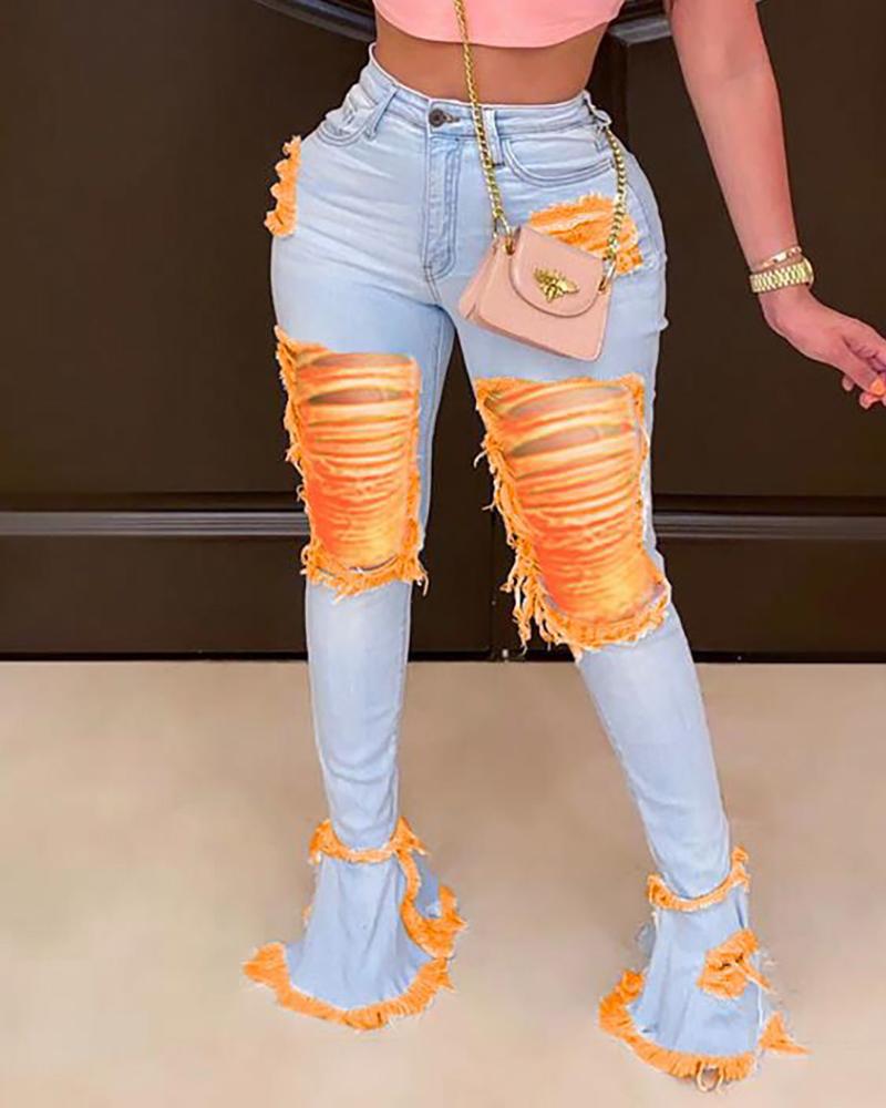 

Colorblock Distressed Cutout Fringe Hem Bell-Bottom Denim Pants, Orange